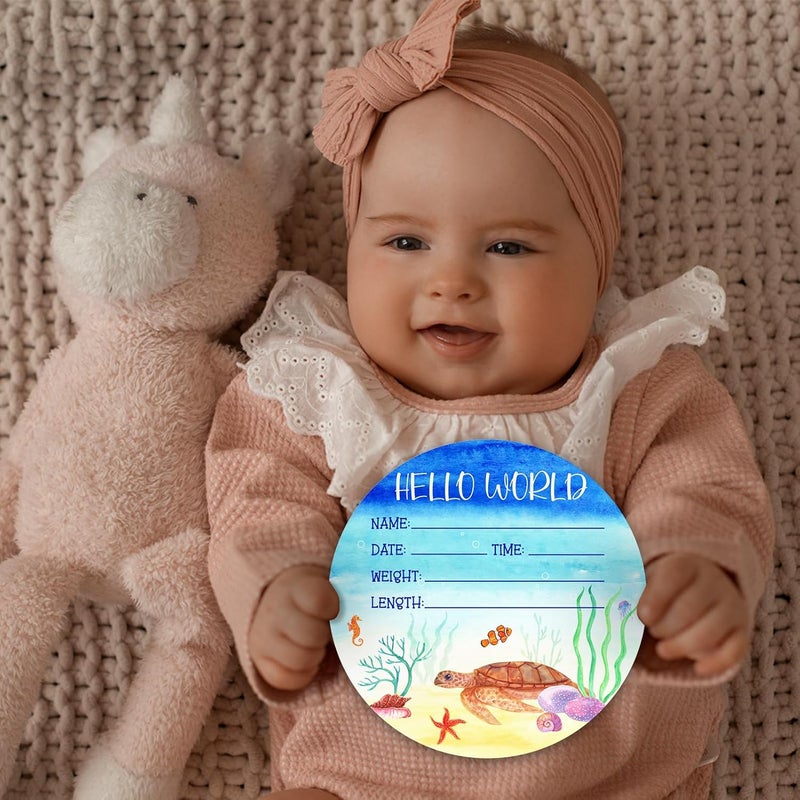 CLHHM Baby Announcement Sign, ​5.9 Inch Sea Turtle Theme Wooden Hello World Newborn Signs, Ocean Newbaby Gifts, Nursery Wall Décor, Baby Name Sign for Boys Girls - Image 4